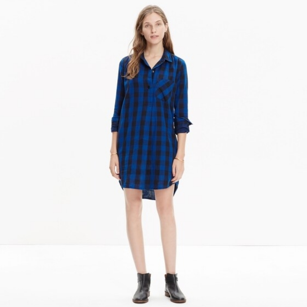 Madewell Latitude Blue And Black Buffalo Plaid Shirt Dress